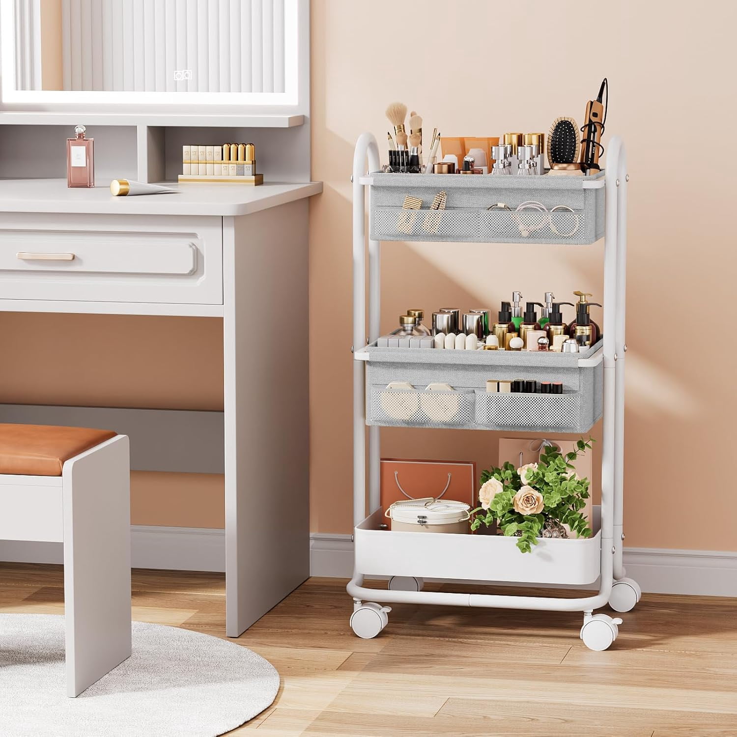 Baby Diaper Caddy Organizer Cart - 3 Tier Rolling Storage with Wheels, Nursery Essentials for Crib Bedroom Art Craft Light Gray