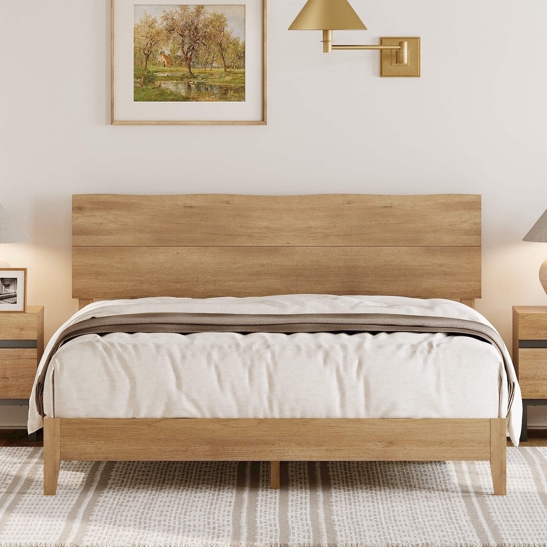 Queen Bed Frame with Wave Headboard, Solid Wood Legs,Oak