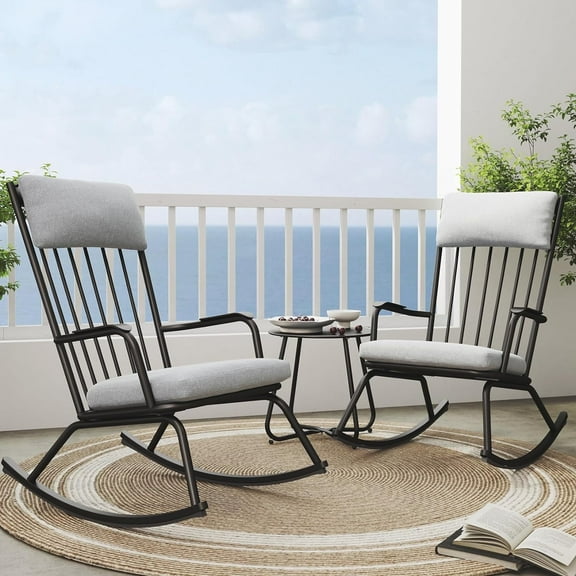 Grand Patio Windsor 3-Piece Outdoor Steel Bistro Sets with Gray Cushions, Black