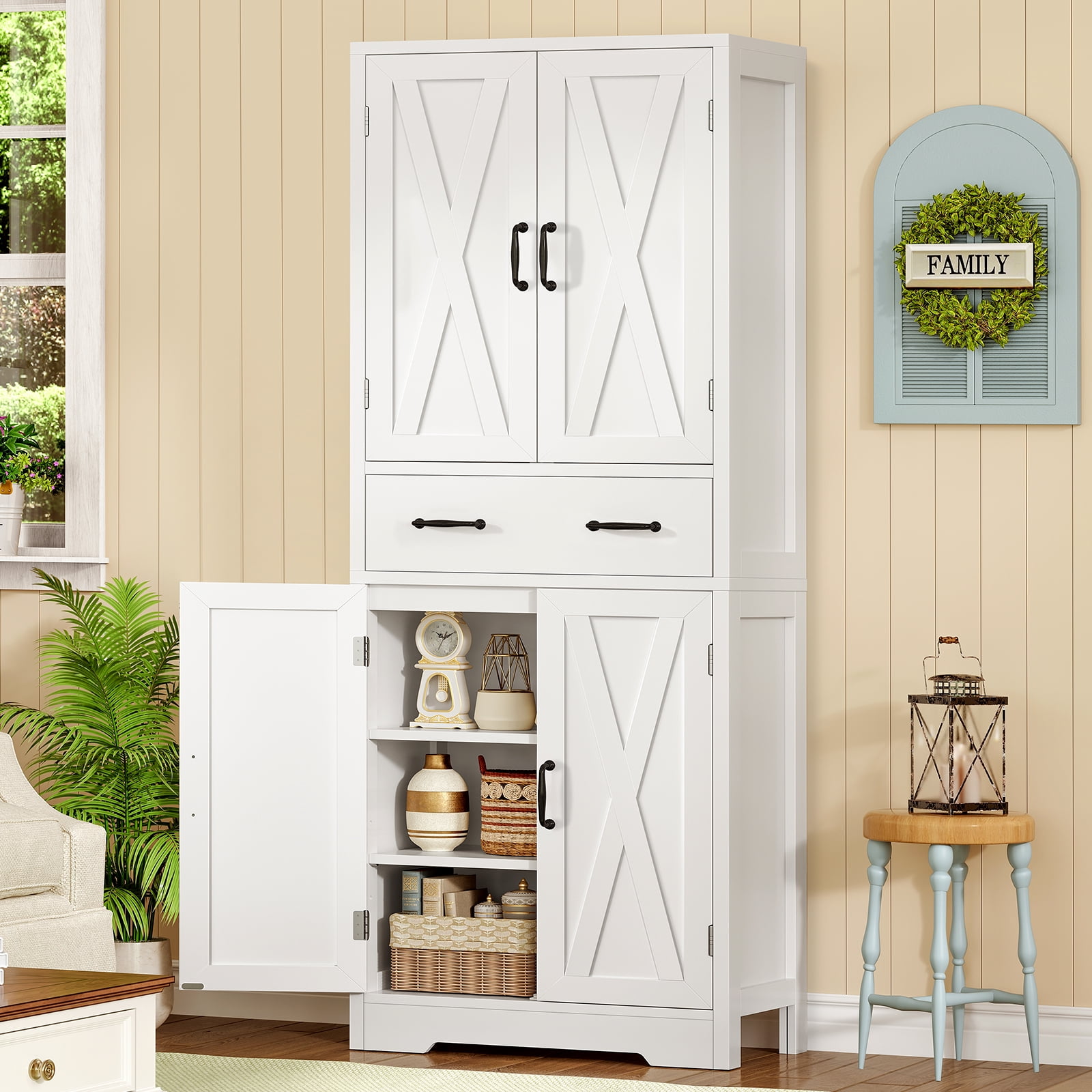 Tall Storage Cabinets with 2 Adjustable Shelves & 2 Drawers, Kitchen Pantry Cabinets, Bathroom Cabinets with 4 Doors, for Living Room, Kitchen, Bathroom, White