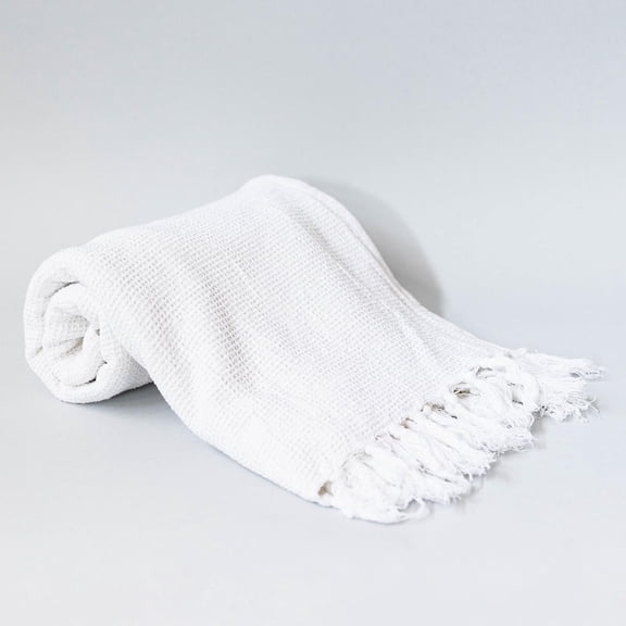 White Cotton Waffle Weave With Fringes Throw