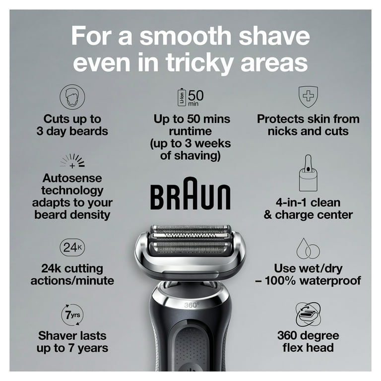 Braun Electric Razor for Men Series 7 7085cc 360 Flex Head Electric Shaver with Beard Trimmer Rechargeable Wet Dry 4in