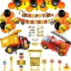 YANSION Birthday Decorations Construction Theme, Birthday Decorations Digger Balloons for Boys 1st, Digger Banner, Digger Balloons Excavator Truck and Fire Truck Foil Balloons Cake Toppers