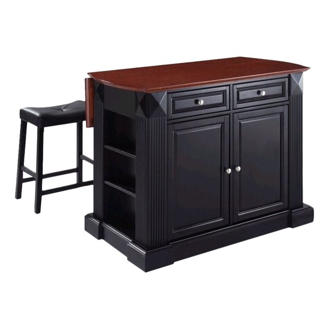 Crosley Coventry Drop Leaf Kitchen Island with Saddle Stools in Black