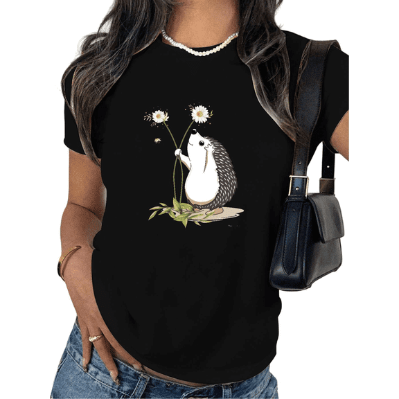 Women's Crew Neck Printed Cotton Tee Hedgehog Smelling Daisy Graphic Casual Loose T Shirt Graphic Tees Tops Black S-5XL