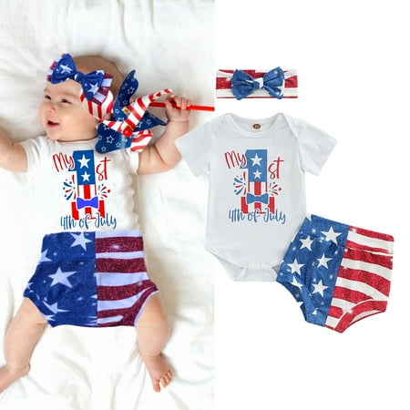 

Doqcey Infant Layette for Fourth of July White Short Sleeve Romper Shorts and Bow Knot Headdress