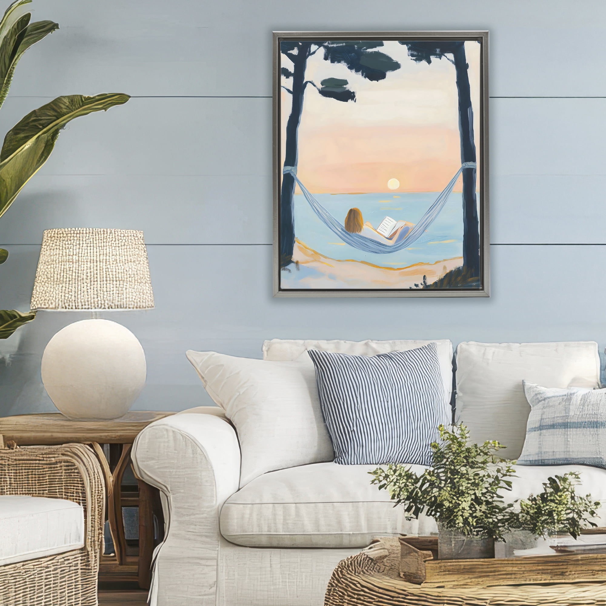 Stupell Industries Reading At Sunset in Hammock Gray Framed Floater Canvas Wall Art, design by The Prints Vibe