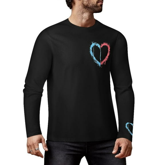 LYQJ Heart Shape with Split Color Borders 78 Graphic T Shirts, Long Sleeve Cotton Round Neck Tees for Men
