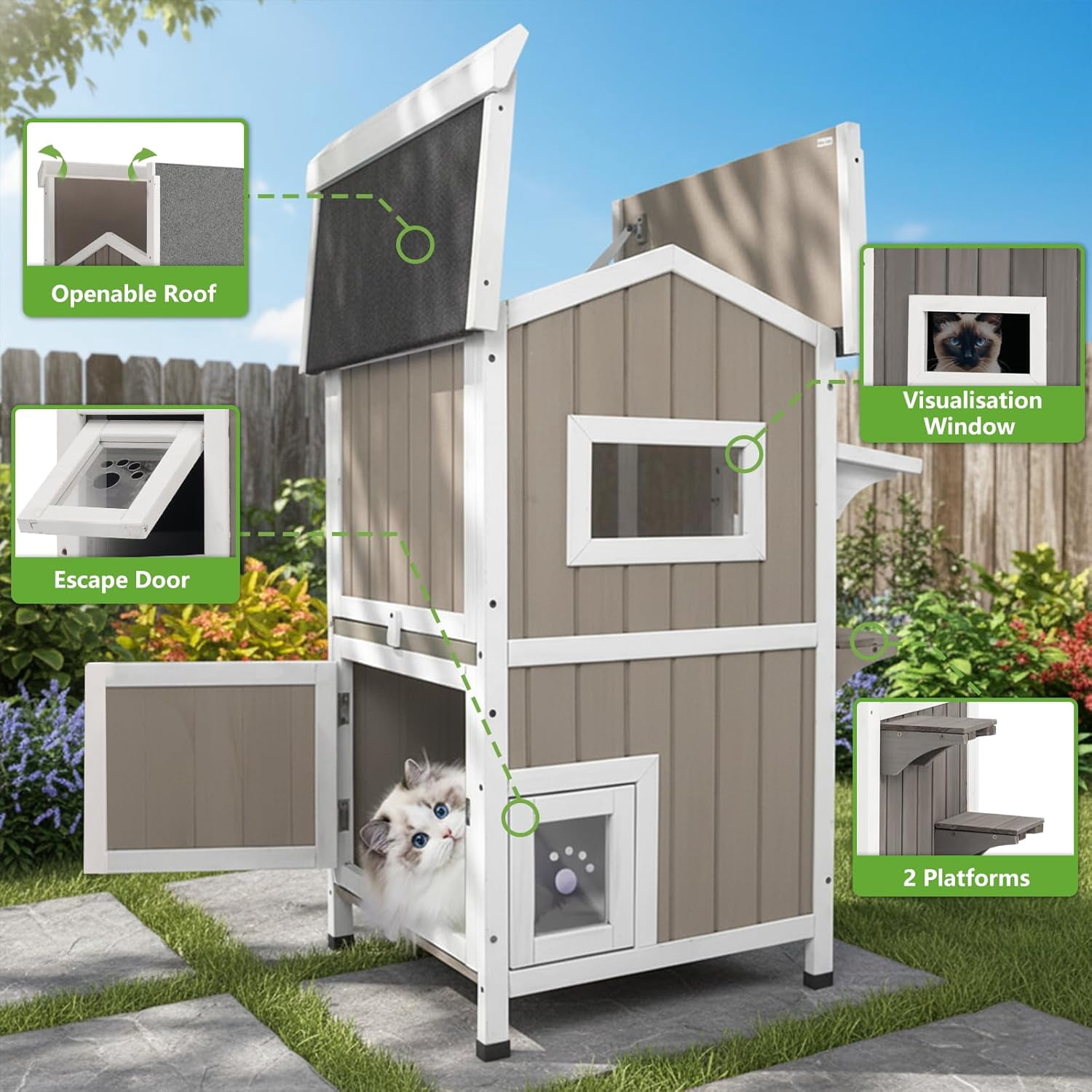 Petsblublu 2-Story Outdoor Cat House Weatherproof Wooden Feral Cat Shelter with Escape Door