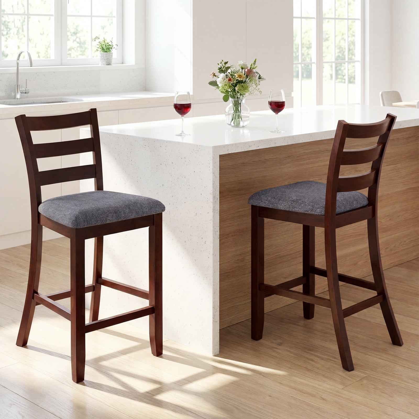 Gymax Bar Stools Set of 4 Upholstered Counter Height Barstools w/ Padded Seat Footrest & Backrest Farmhouse