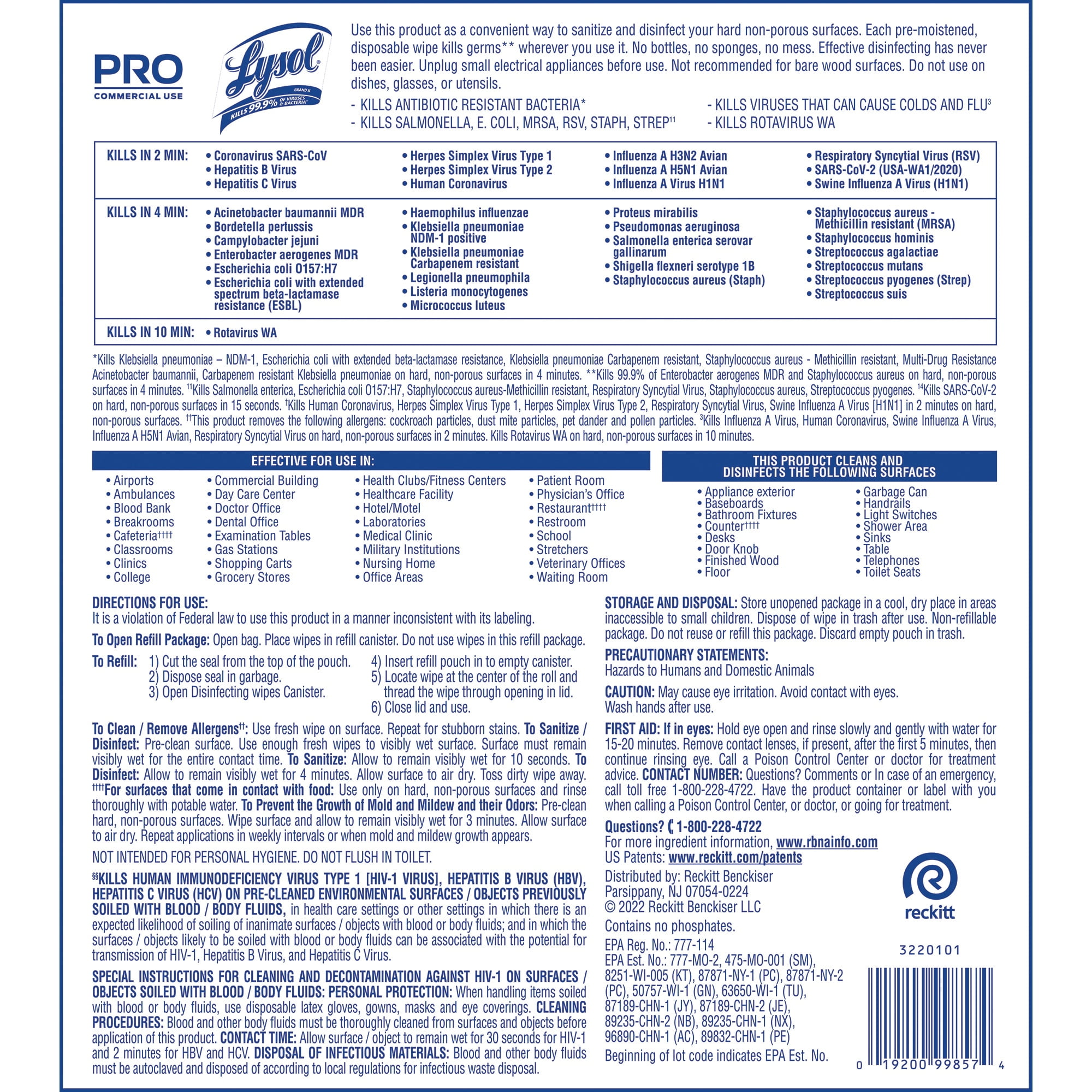 Lysol® Professional Disinfecting Wipe Refills, Lemon And Lime Blossom, 6" x 8", White, 800 Sheets Per Bucket, Set Of 2 R