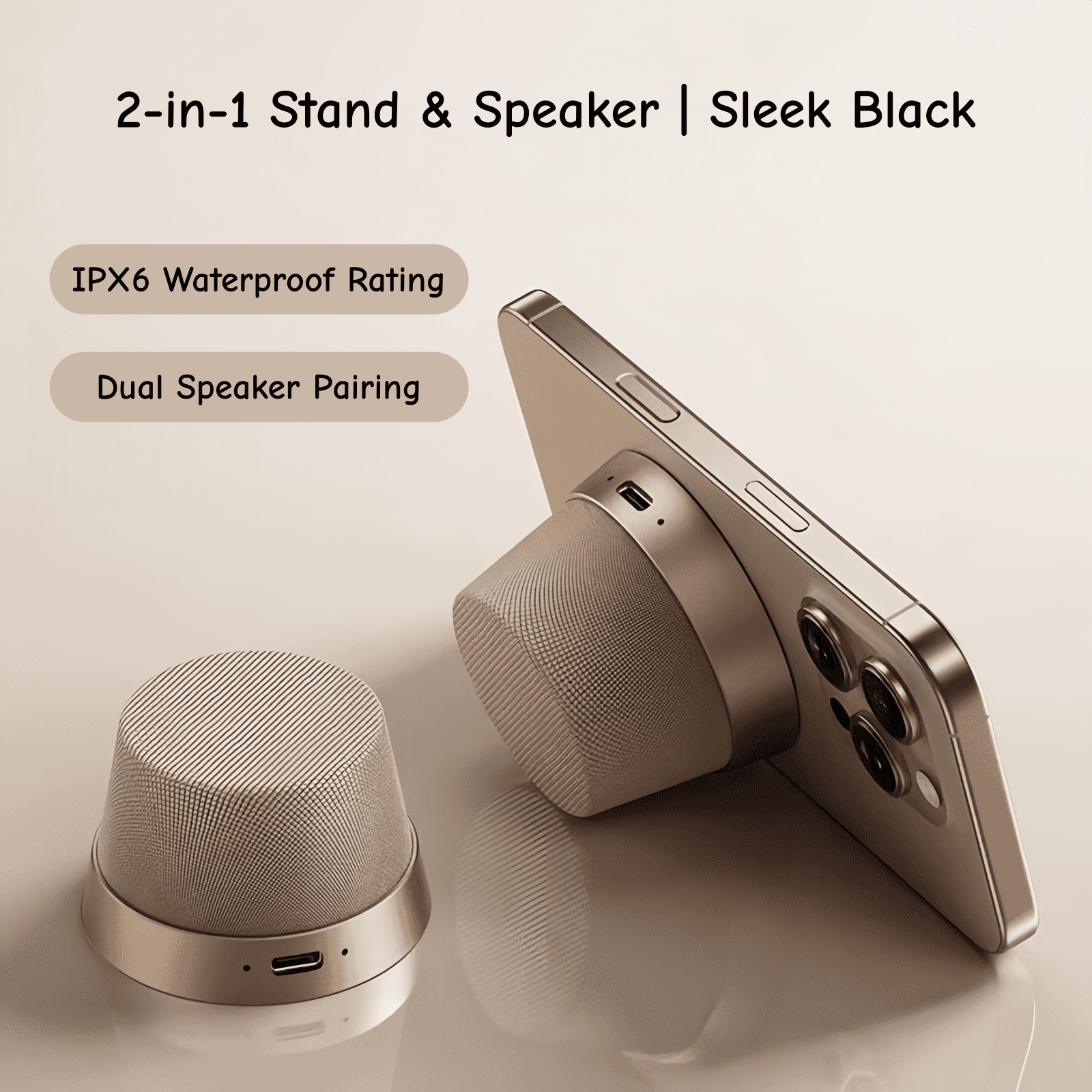 2-in-1 Magnetic Phone Stand Bluetooth Speaker, IPX6 Water Resistant, TWS Stereo Pairing
