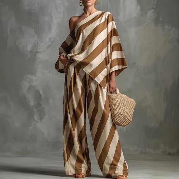Morttic Women's One Shoulder Long Sleeve Top & Wide Leg Pants Set – Loose Fit Diagonal Stripe Spring Summer Fashion Outfit Camel Color,S