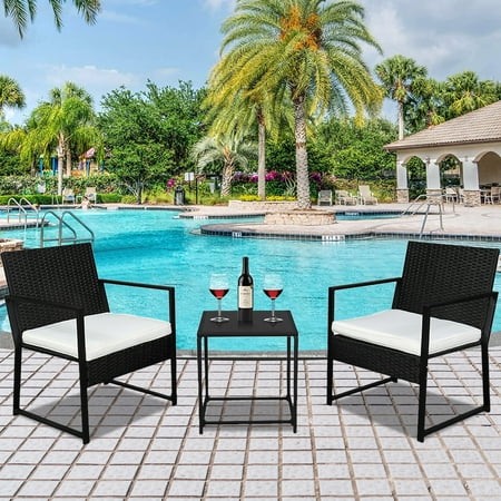 SYNGAR 3 Piece Patio Wicker Furniture Set Rattan Outdoor Conversation Sigle Sofa Armchairs Set with Cushion and Side Table Conversation Bistro Set for Garden Balcony Backyard Pool Black