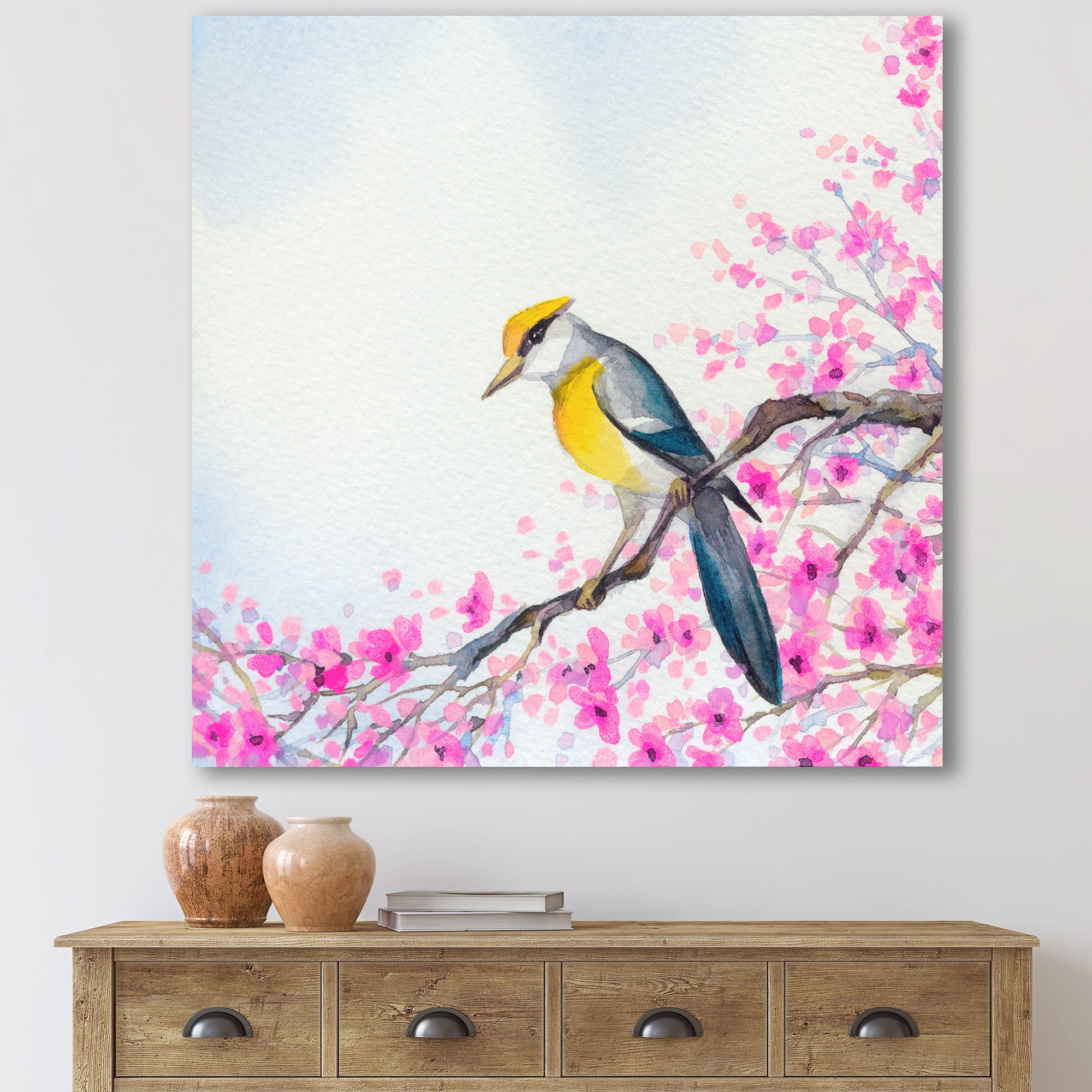 Designart ' Beautiful Bird Sitting On Flowering Branch ' Traditional Canvas Wall Art Print