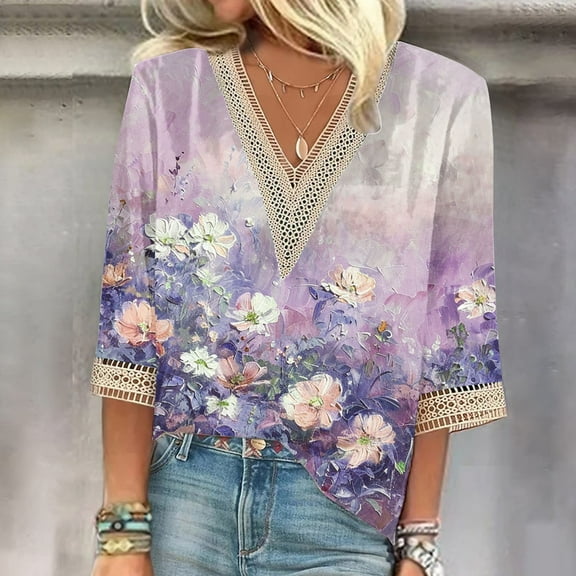 qelini Womens 3/4 Sleeve Tops T Shirts V Neck Beach T Blouse Ladies Lace Flowers and Plants Printed Pullover Loose Casual Fashion Breathable Pink L