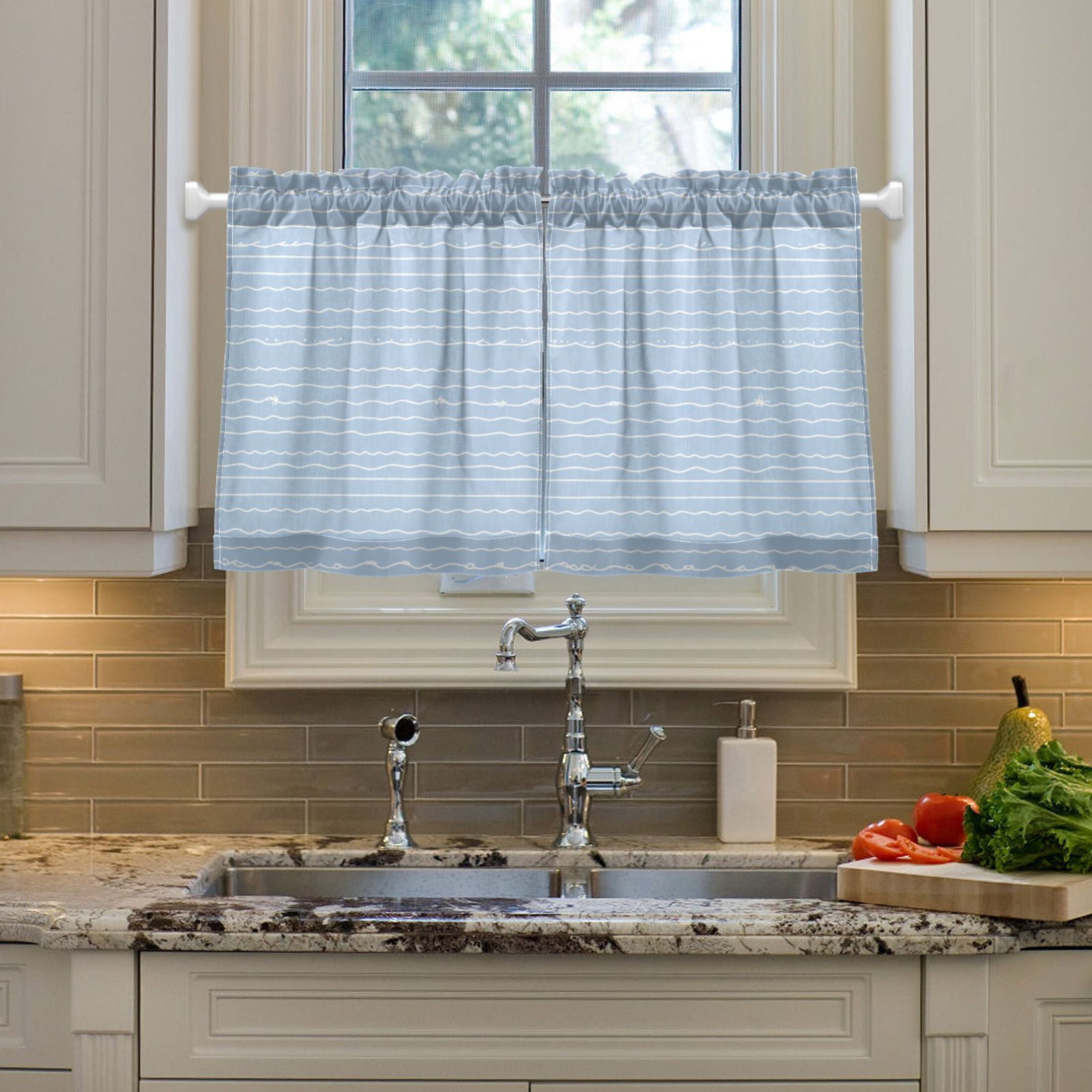 Wavy White Lines Pattern 27"x36" Linen Look Cafe Curtain Set with Privacy and UV Protection