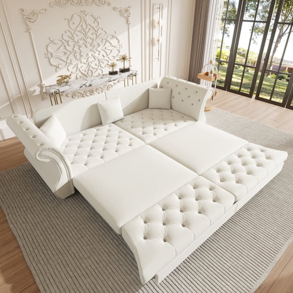 Eyisean 97.6'' Sleeper Sofa Bed California King Size, Flower Tufted Pull Out Couch, Chesterfield Velvet Futon Couches, Convertible Modern 3 seat Sofa, 3 Pillows for Living Room
