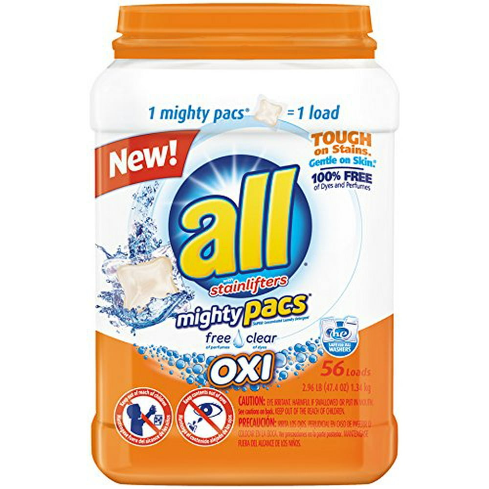 All Mighty Pacs Laundry Detergent, Free Clear OXI, Tub, 56 Count