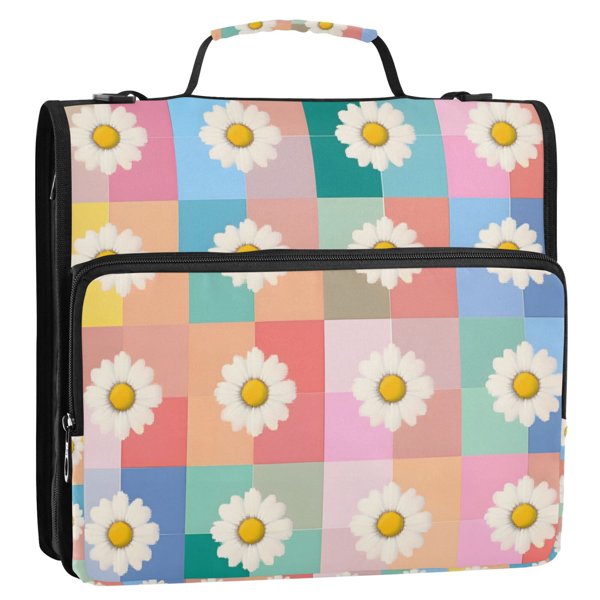 FORMRS Zipper Binder with Shoulder Strap 2-inch Ring 500 Sheet Capacity File Bag, Pink Checkered Daisy