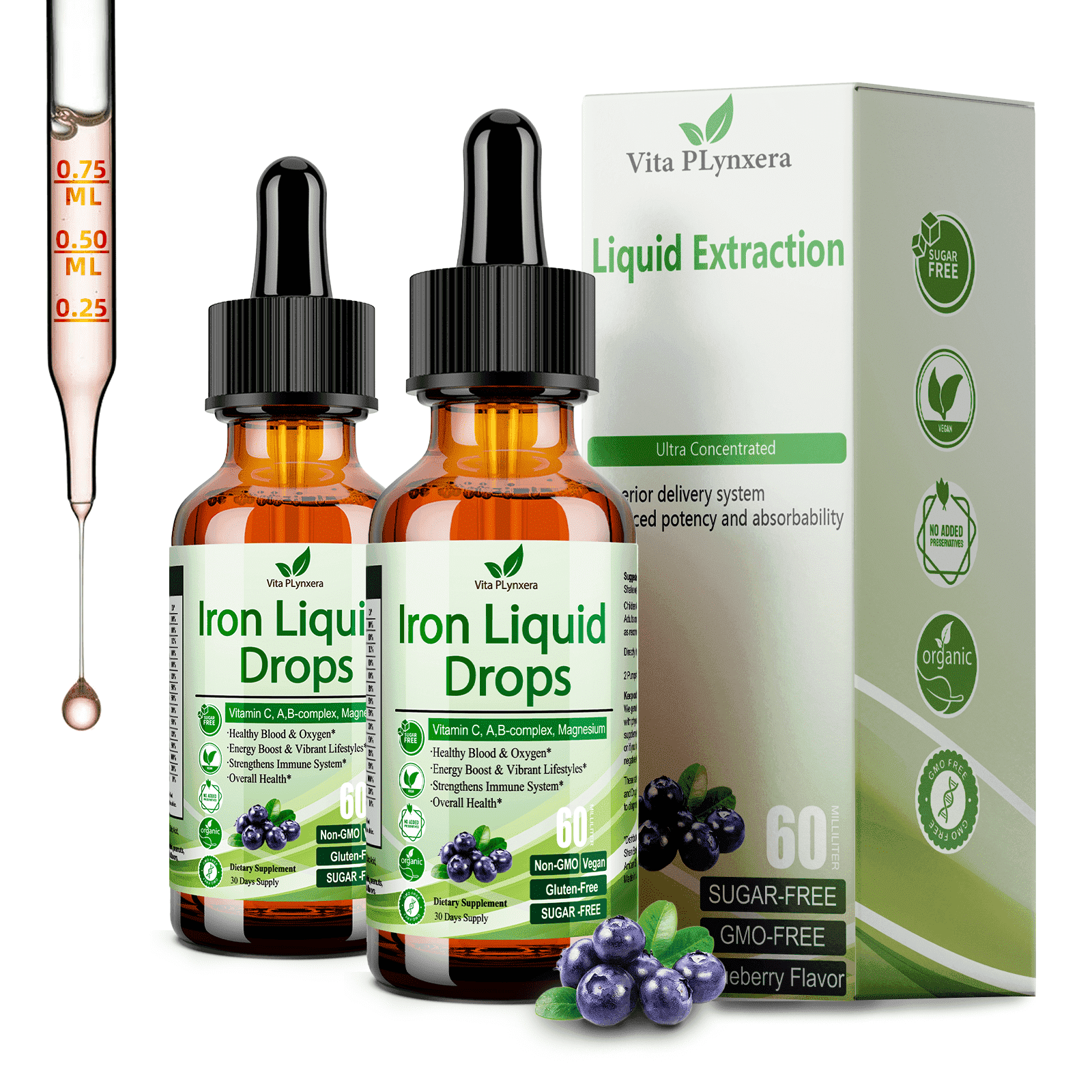 2 Pack Liquid Iron Supplement for Women Men & Kids, Vegan Iron Drops with Vitamin C D, B12, B-Complex, High Potency Liquid with Multivitamin for Anemia, Energy Support, Magnesium Gentle