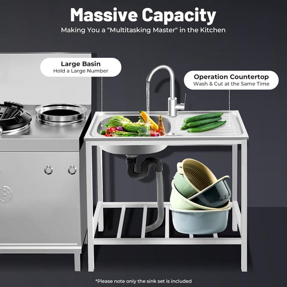 Stainless Steel Outdoor Sink with Hose Hook Up, Freestanding Single Bowl Utility Sinks with Hot & Cold Faucet, Outdoor Sink Station with Storage Shelf for Backyard, Restaurant, Kitchen