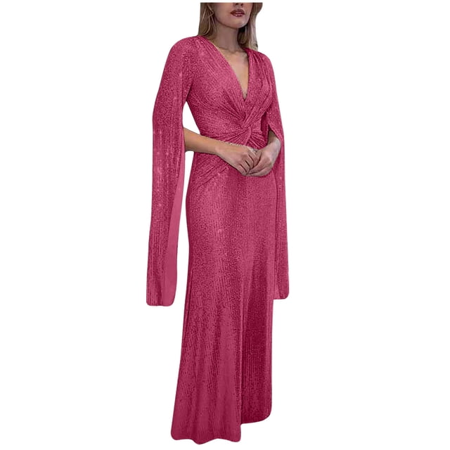 cfhntfmh Robes de Cocktail pour Femmes Mode Col en V Nœud devant Paillettes Longue Robe Maxi Scintillante Manches Longues Robe de Soirée de Bal