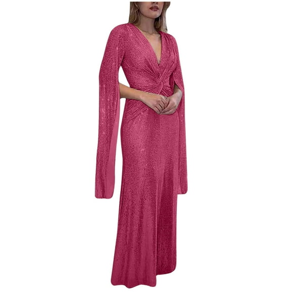 Njagoc3 Womens Long Sleeve Plunge V - Neck Maxi Dress, Slim Fit Solid Color, Floor - Length Formal Evening Party Gown