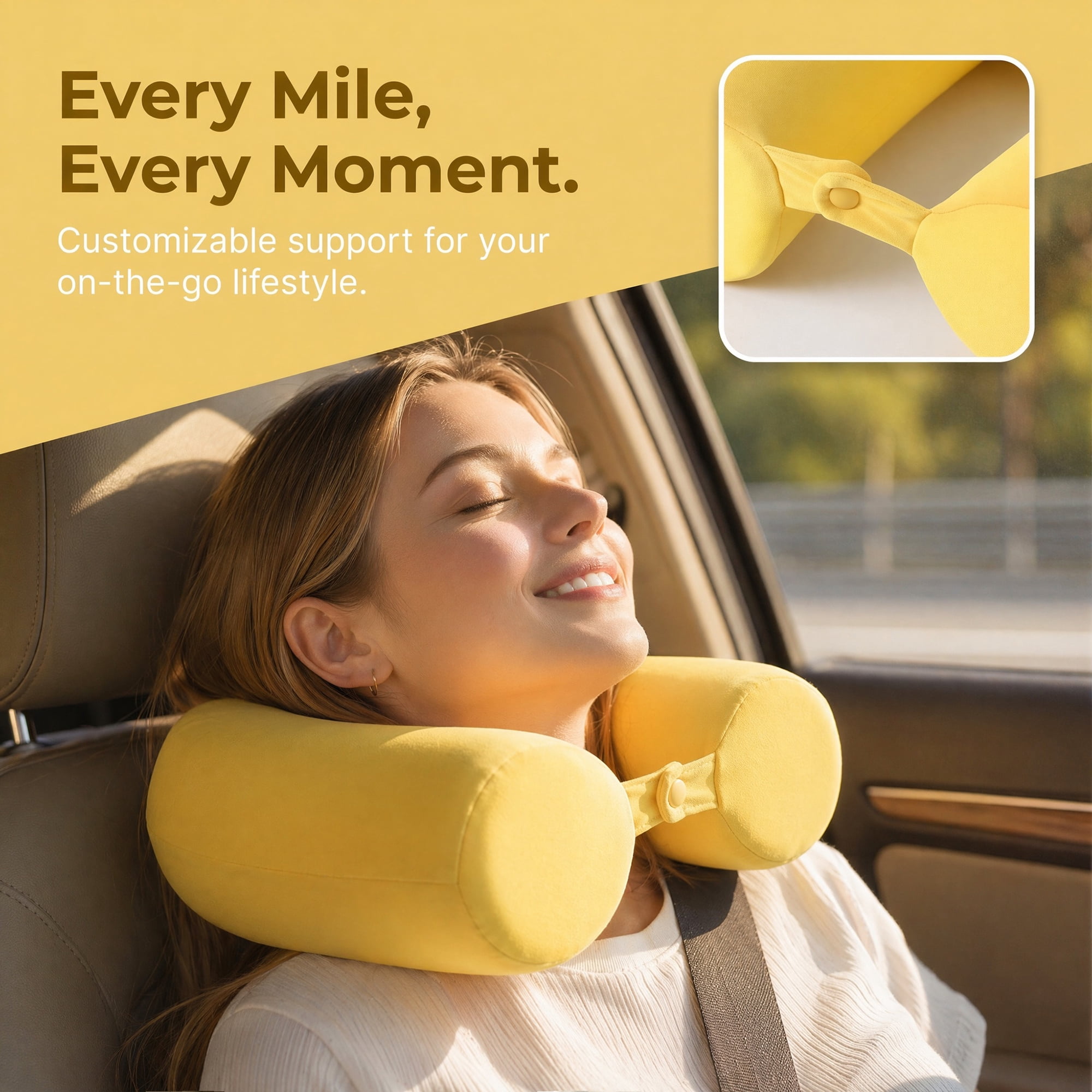 Unique Bargains Memory Foam Neck Pillow U Shape Snap Closure for Airplane Yellow 25"x4"