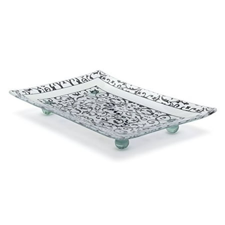 Fused Glass Platters - Florentine Designed Charcoal Tempered Glass Rectangular Serving Tray on Glass Ball Legs Unbreakable – Chip Resistant – Oven Proof – Microwave Safe Decorative Platter