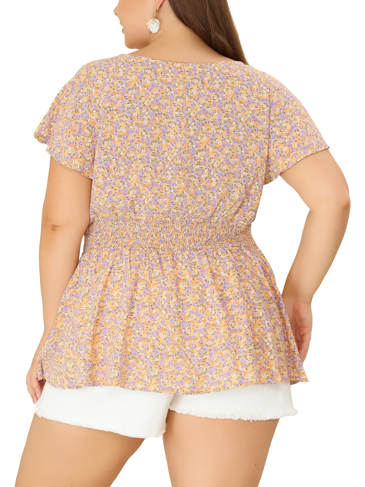 Unique Bargains Women's Plus Size Casual V Neck Smocked Waist Floral Peplum Blouses 4X Yellow