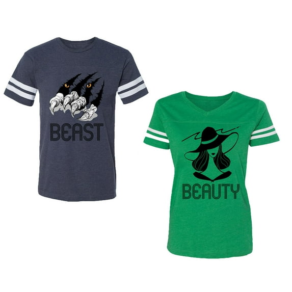 Beast Beauty Unisex Couple Matching Cotton Jersey style T-Shirt Contrasting stripes on sleeves (Men Navy / Women Green) (Men L / Women M)