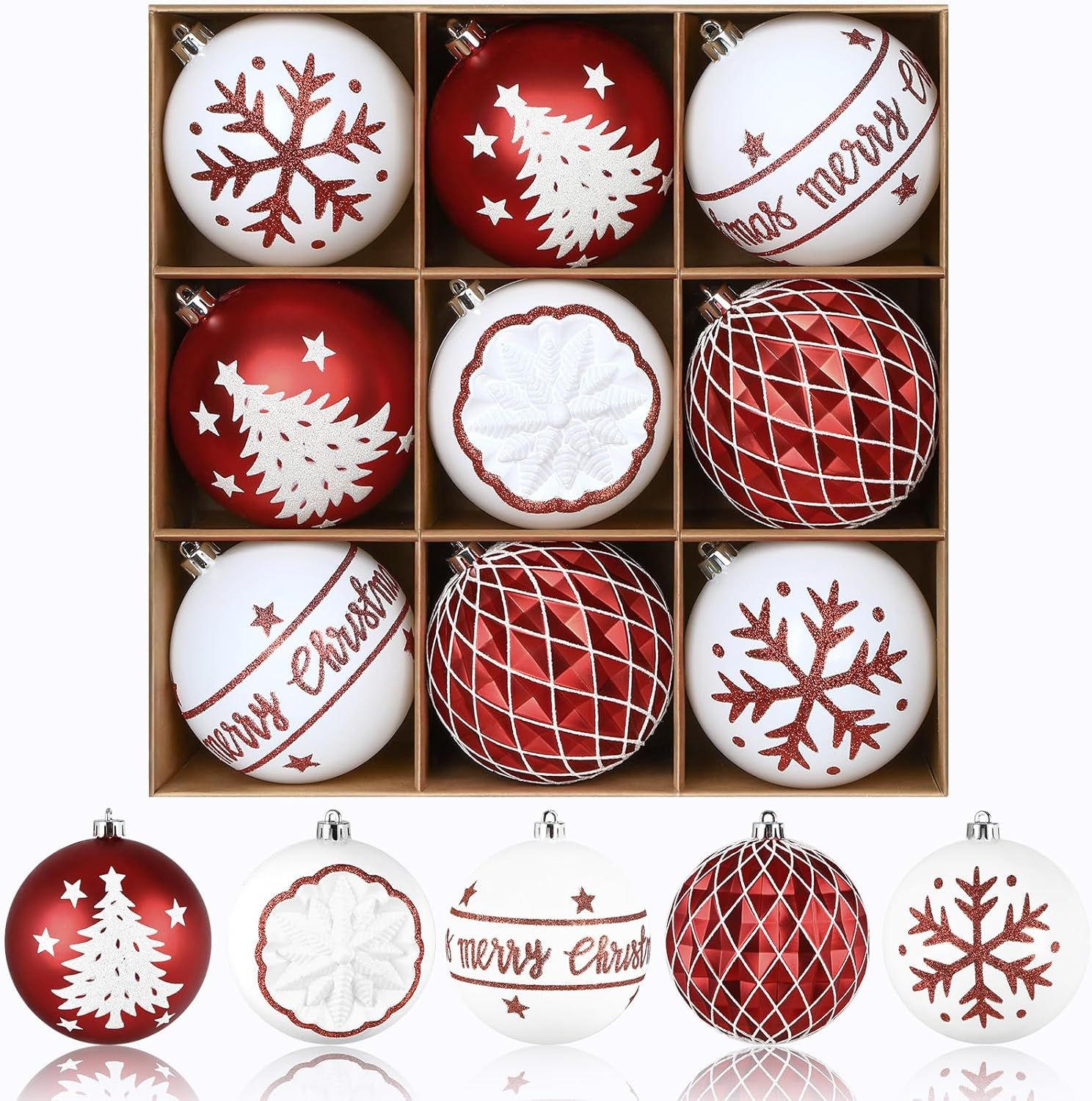 100MM/4 Inch 9PCS Large Christmas Balls Ornaments, Shatterproof Plastic Hanging Big Baubles Set for Xmas Tree Decoration Holiday Party Wedding Decorations with Hook