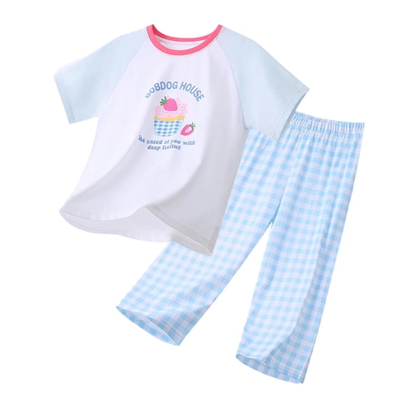 Cethrio Boys Cotton Pajama Sets Size 14, Soft Short Sleeve 2 Piece Casual Kids' Summer Sleepwear Blue Size 14