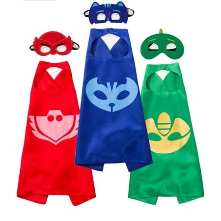 Kids Dress up Costumes Cartoon Capes with Mask for PJ Masks Party and Dress Up - Capes and Masks for Catboy Owlette Gekko Green 3 Pack