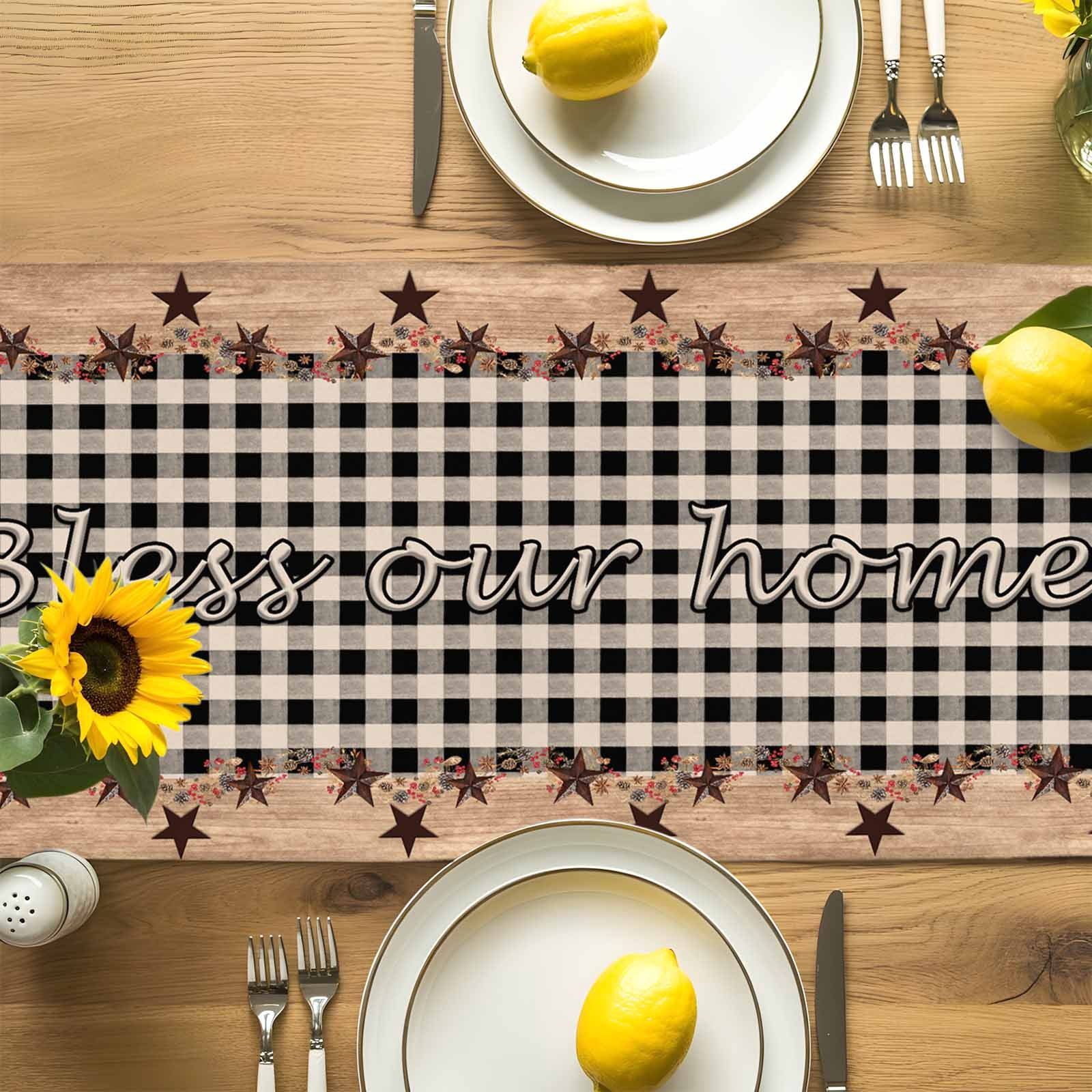 Independence Day Western Star on Wood Table Runner 90 Inches Long, Black Plaid Table Runners Tabletop Scarf Kitchen Dining Tables Decoration for Home Party Indoor Outdoor