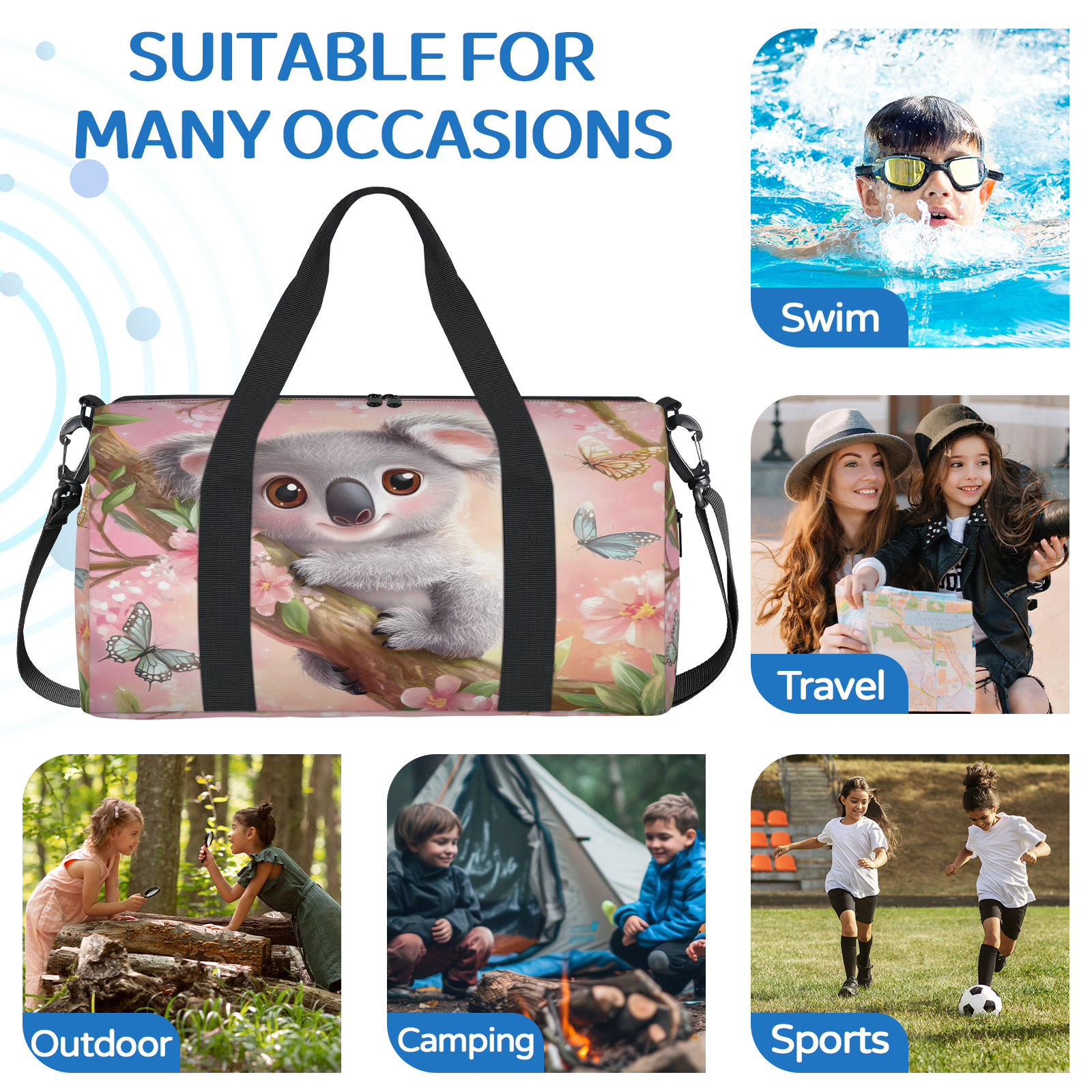 Herdesigns Cute Koala Gym Bag for Women, Animals Duffle Bag for Travel Sport, Lightweight Waterproof Carry on Weekender Overnight Dance Yoga Workout Bags