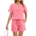thumbnail image 2 of Lumtrix Women 2 Piece V Neck Matching Lounge Sets Clothing Spring Short Sleeve Shirt And Shorts 2026 Summer Airport Outfit Pink L, 2 of 8