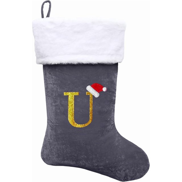 Dbfengbilian 21 Inches Christmas Stockings with Customizable Letters, Large Christmas Stockings with Super Soft Plush Cuff Embroidered Letter - Grey U