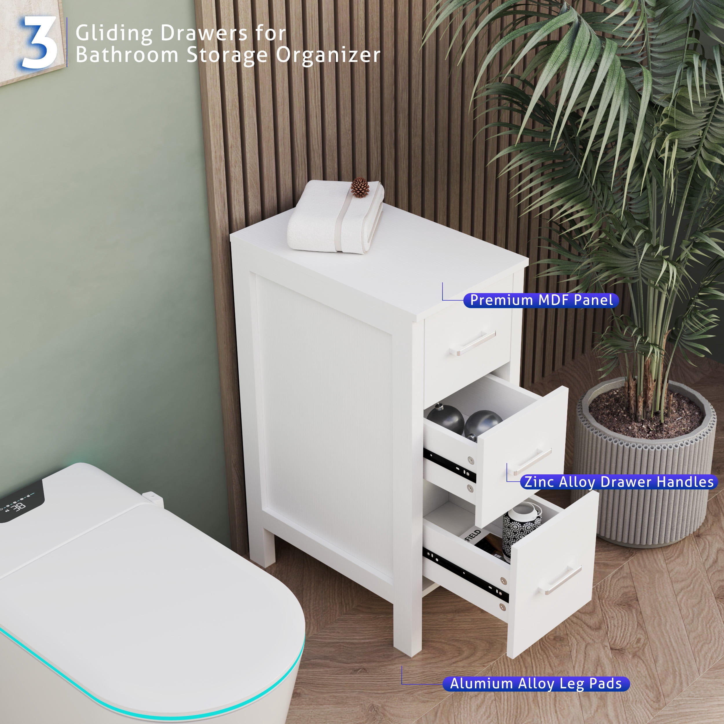 Eclife 12" Freestanding Bathroom Side Cabinet with 3 Drawers, White