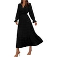 thumbnail image 2 of qolati Women Fall Dresses Long Sleeve V Neck Maxi Dress Boho Long Dress High Waisted A-Line Ruffle Flowy Dress Black S, 2 of 6