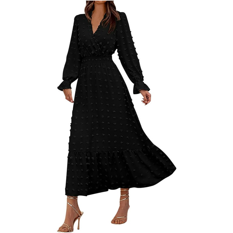 qolati Women Fall Dresses Long Sleeve V Neck Maxi Dress Boho Long - Main Image