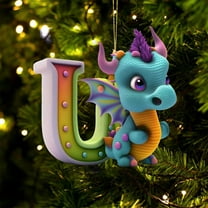 HomeDM 3.15" Cartoon Dinosaur Ornaments, 2D Flat Acrylic Hanging Pendant Xmas Tree Wreaths Home Decor, 26 Letter Christmas Ornaments Key Chain, Gift Wrapping, Letter U