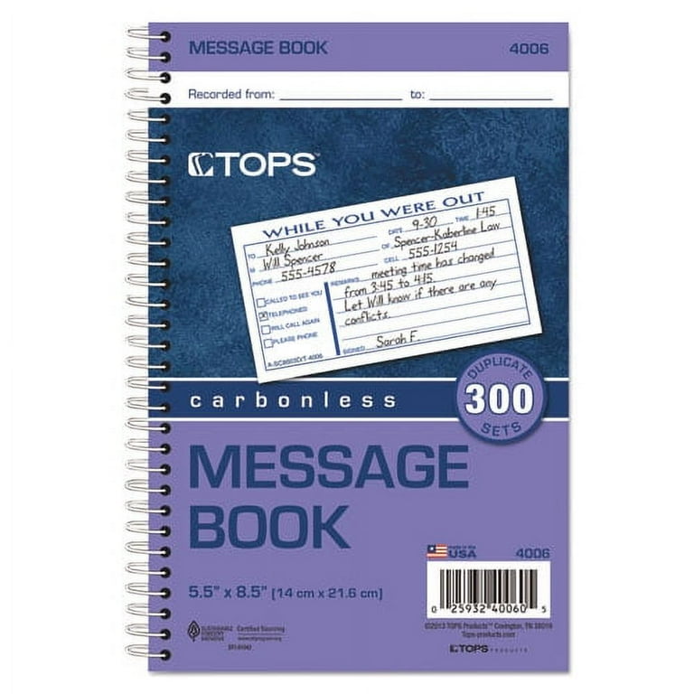 Spiralbound Message Book, Two-Part Carbonless, 5 x 2.83, 3 Forms/Sheet, 300 Forms Total Spiralbound Message Book, Two-Part Carbonless, 5 x 2.83, 3 Forms/Sheet, 300 Forms Total