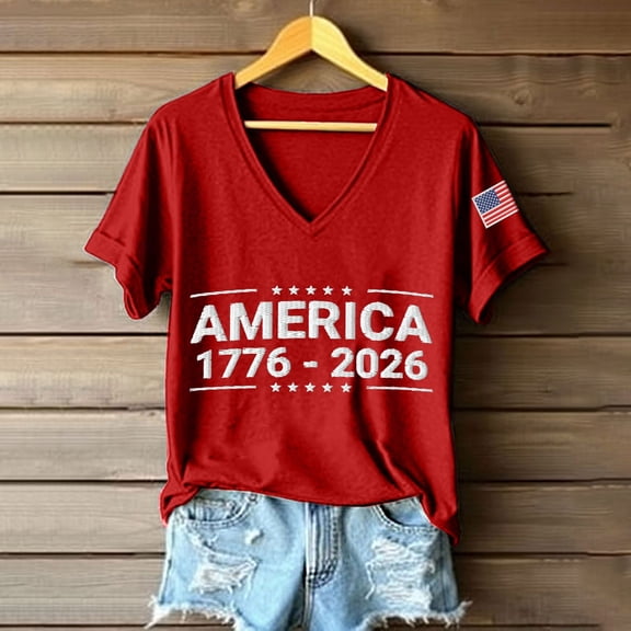Conairie Women 250 Anniversary USA Shirt American Falg Graphic V Neck Patriotic 1776-2026 July 4th T-Shirts Casual Short Sleeve Blouses Pullover Outfits 1 L