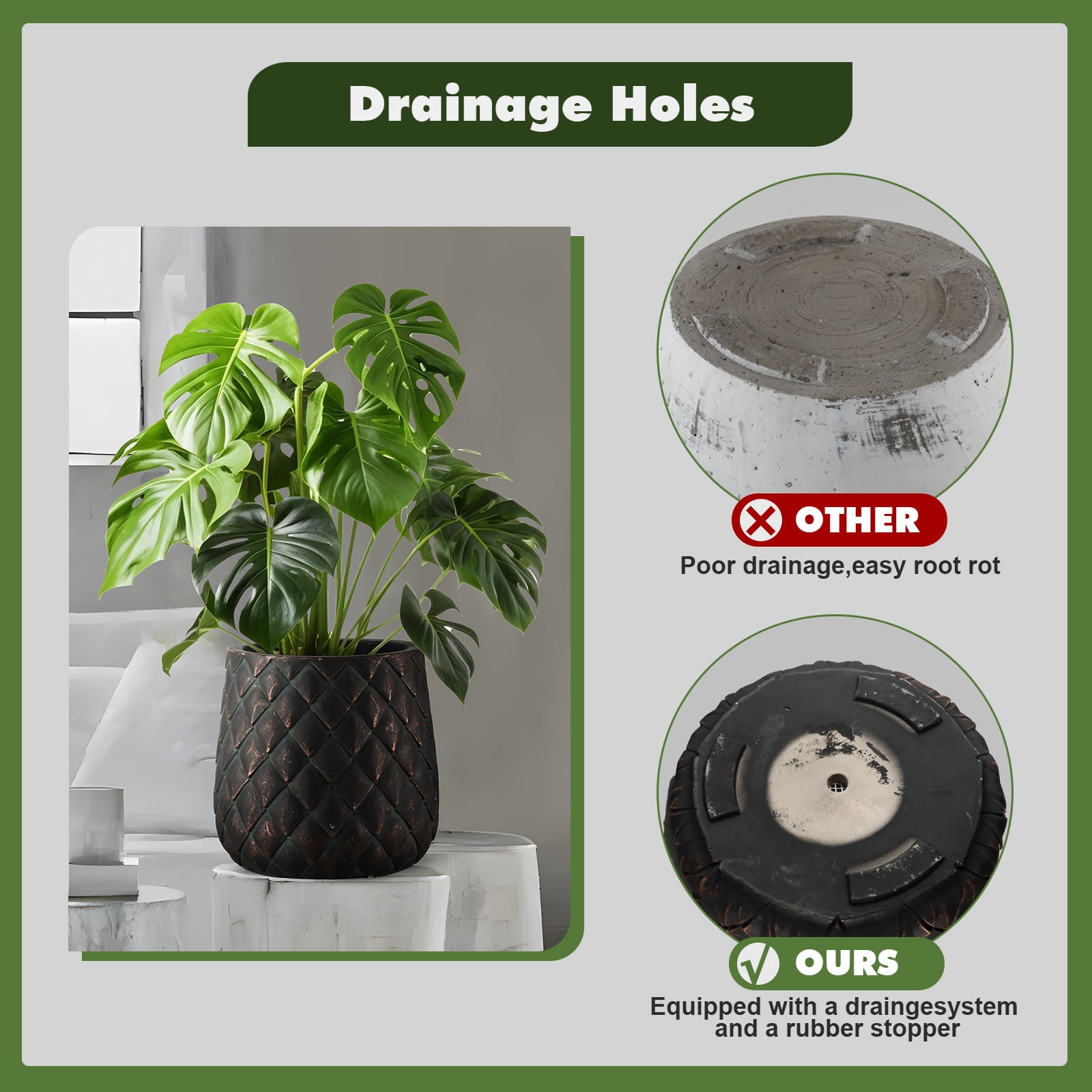 Craft Flowerpots Round Concrete Planter Set of 3 Large Outdoor/Indoor Planter Pots Containers with Drainage Holes and Rubber Plug for Home Garden (18"+13"+9" Dia) (SH003)
