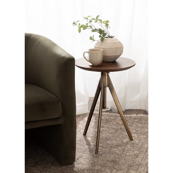 Kate and Laurel Keres Mid-Century Adjustable-Height Round Pedestal Side Table, 16 x 16 x 28, Walnut Brown and Brass, Modern Circle End Table for Use as Indoor Plant Stand or Bedroom Nightstand