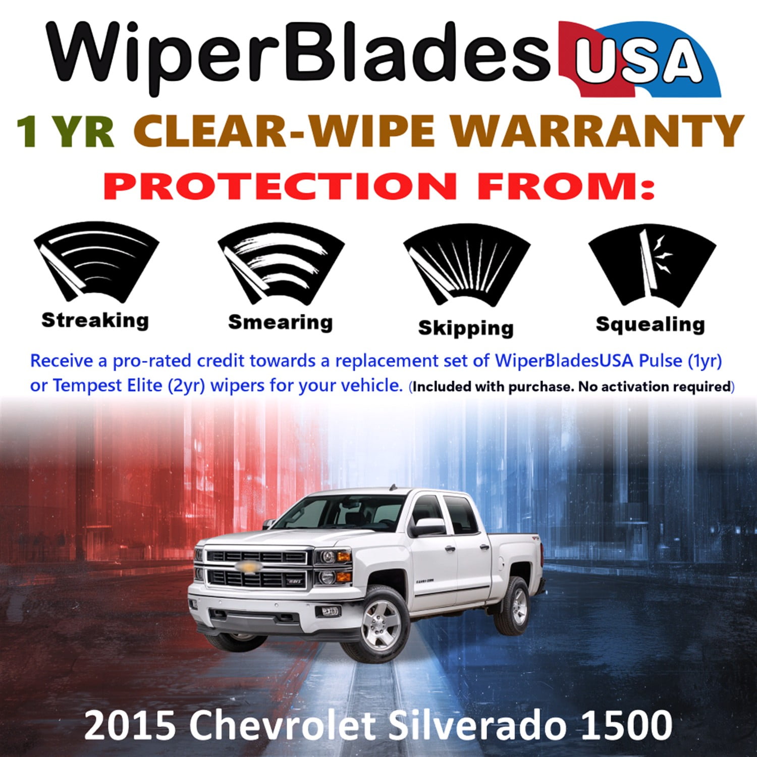 2015 Chevrolet Silverado 1500 Beam Wiper Blades Wipers w/1yr Warranty (Set of 2) (WiperBladesUSA)