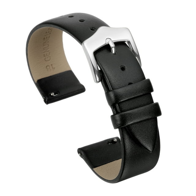 Correas de reloj de cuero genuino negro de 18 mm con hebilla plateada para mujeres