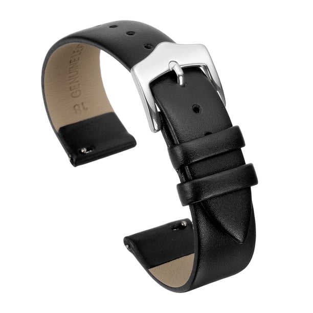 Correas de reloj de cuero genuino negro de 18 mm con hebilla plateada para mujeres